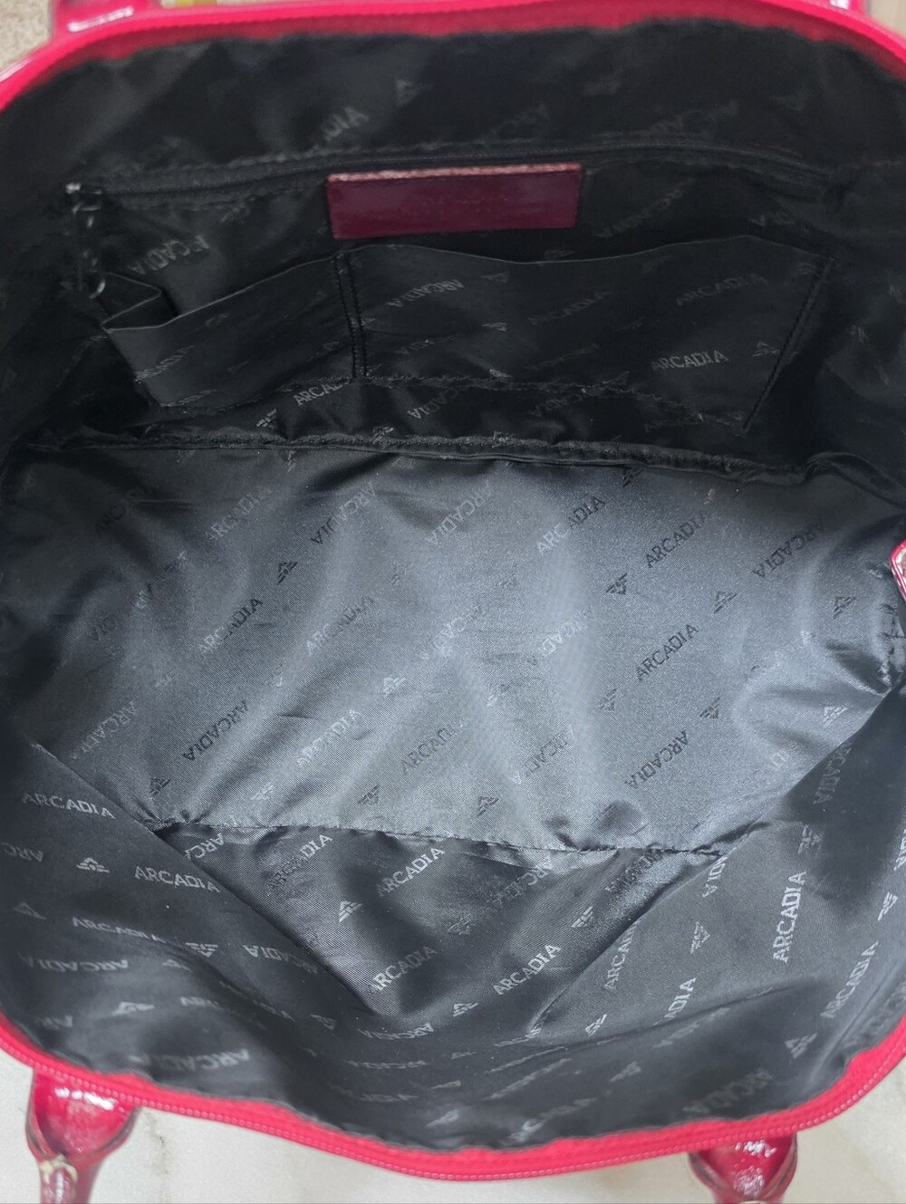 Arcadia Italian Patent Leather Monogram Zip Satchel in Cherry Red - Picture 7 of 15